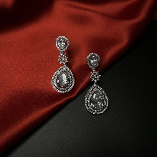 Saanjh Silver Drop American Diamond Earrings with Starling Stone