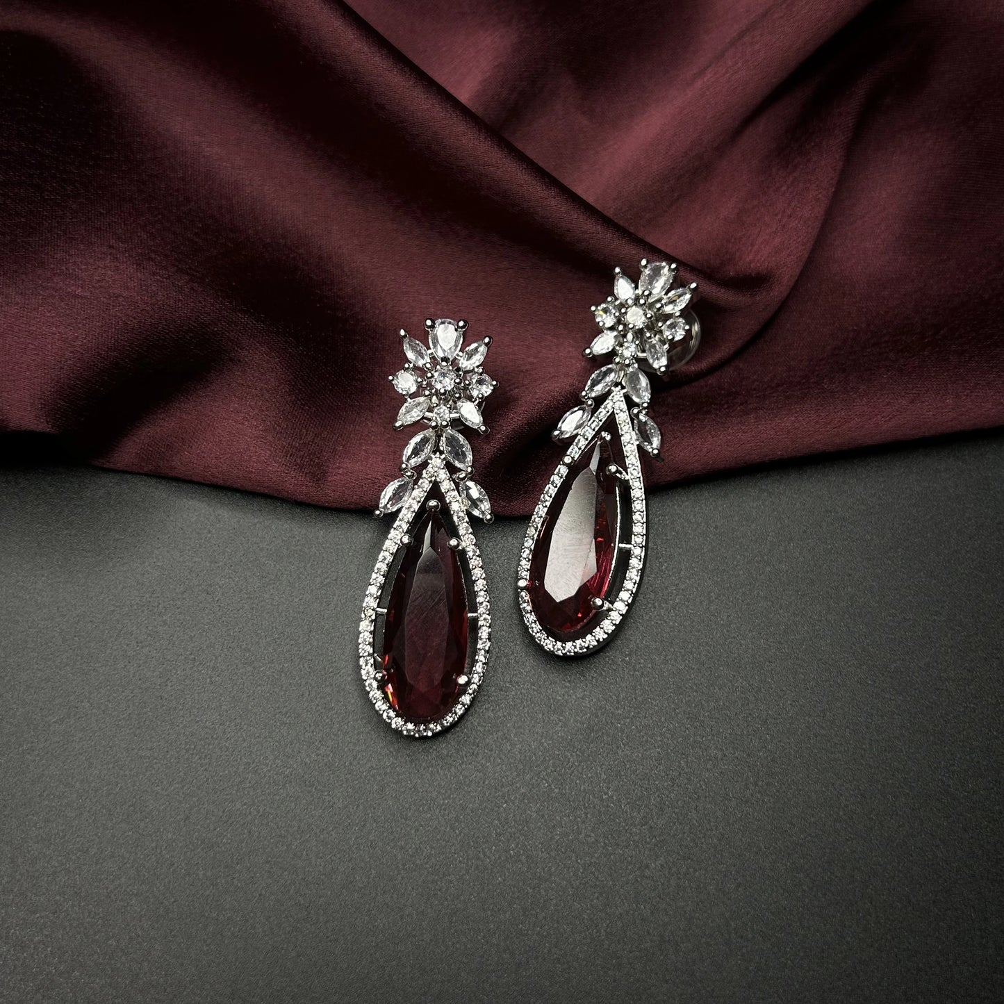 Boond Ruby Red American Diamond Earrings with Starling Stone