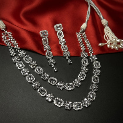 Sahira Silver Double Layer American Diamond Necklace Set