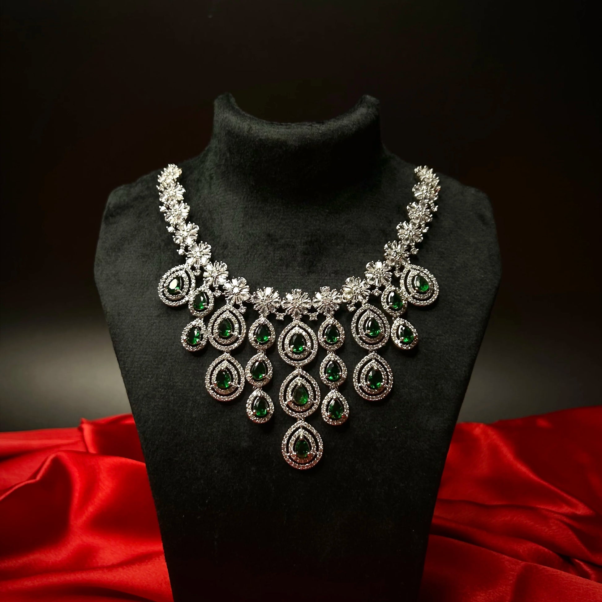 Ruhani Emerald Green American Diamond Necklace Set with Maang Tikka