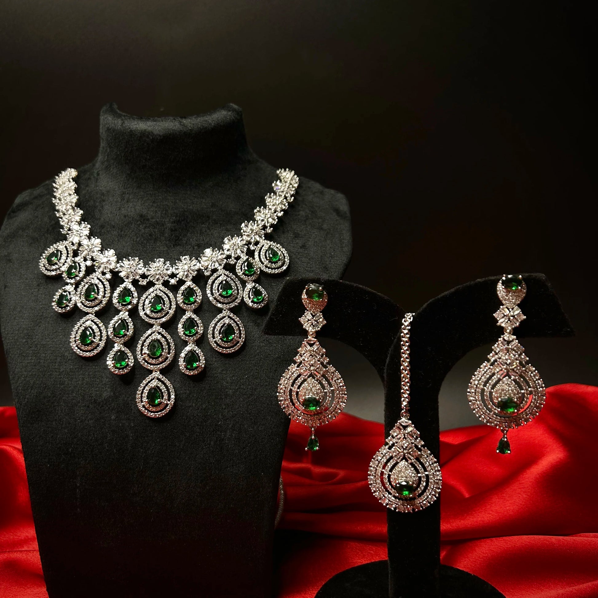 Ruhani Emerald Green American Diamond Necklace Set with Maang Tikka