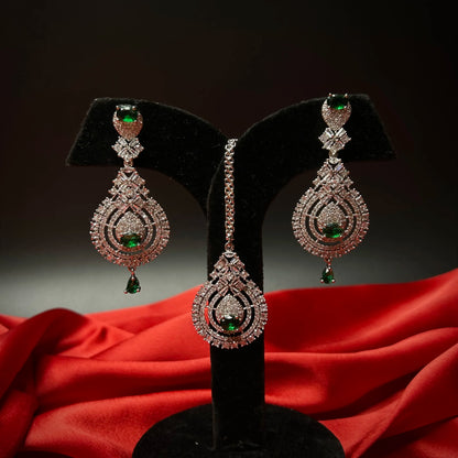 Ruhani Emerald Green American Diamond Necklace Set with Maang Tikka