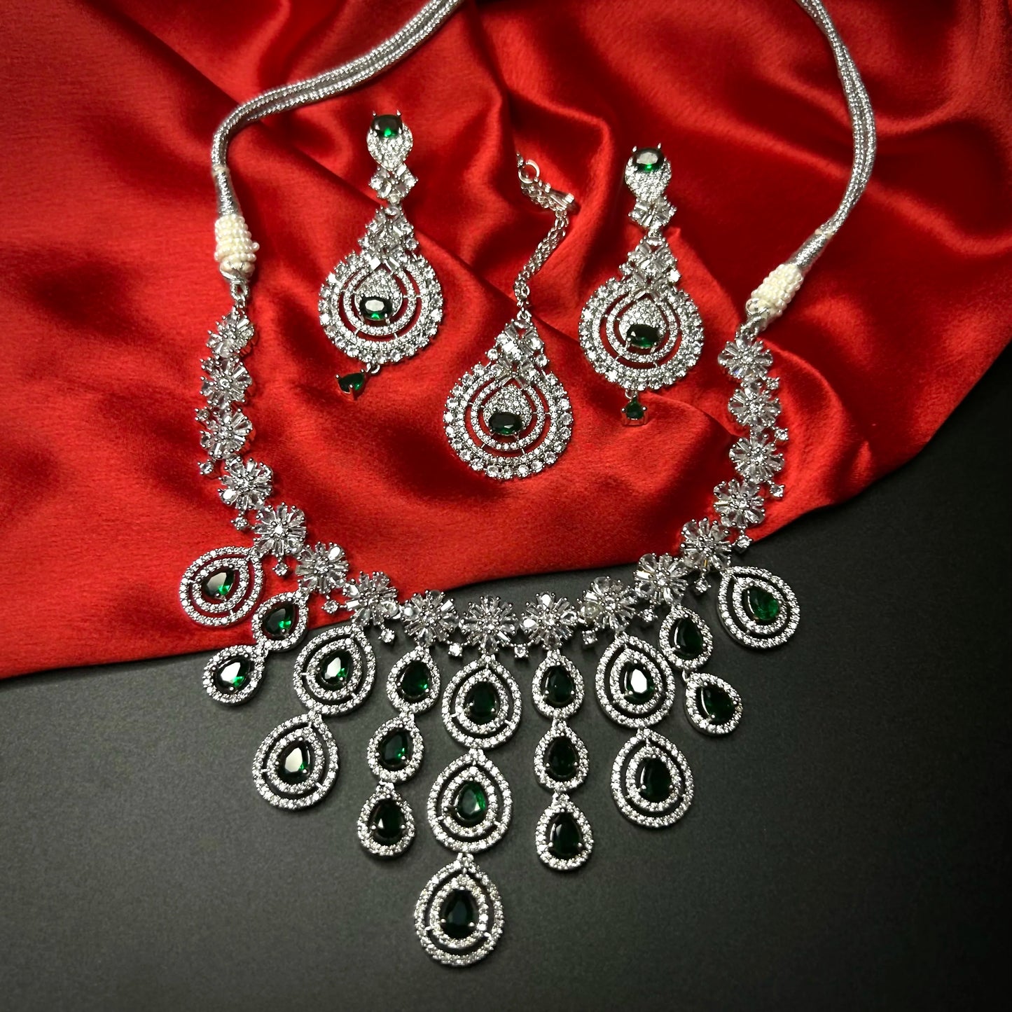 Ruhani Emerald Green American Diamond Necklace Set with Maang Tikka