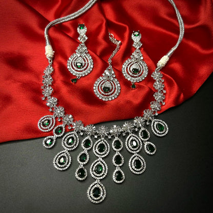 Ruhani Emerald Green American Diamond Necklace Set with Maang Tikka