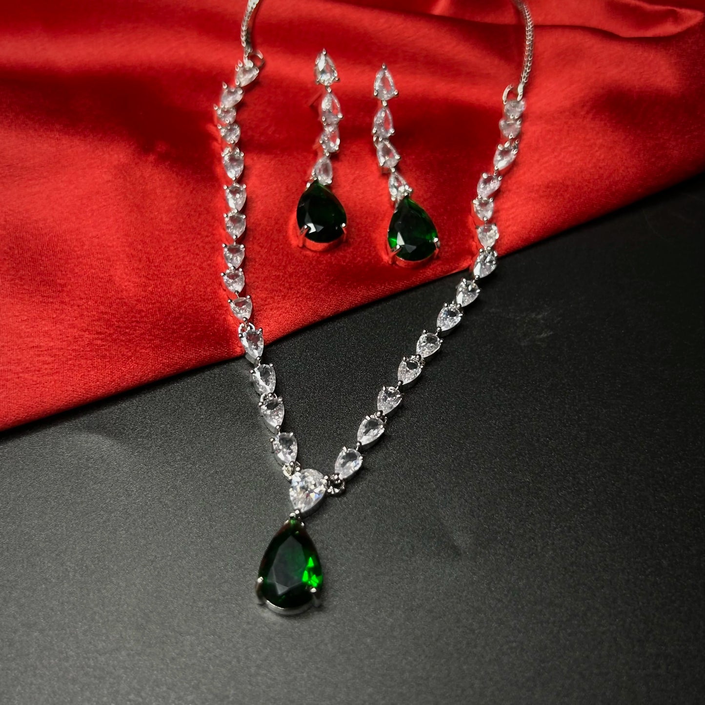 Aheli Emerald Green American Diamond Necklace Set with Starling Stones