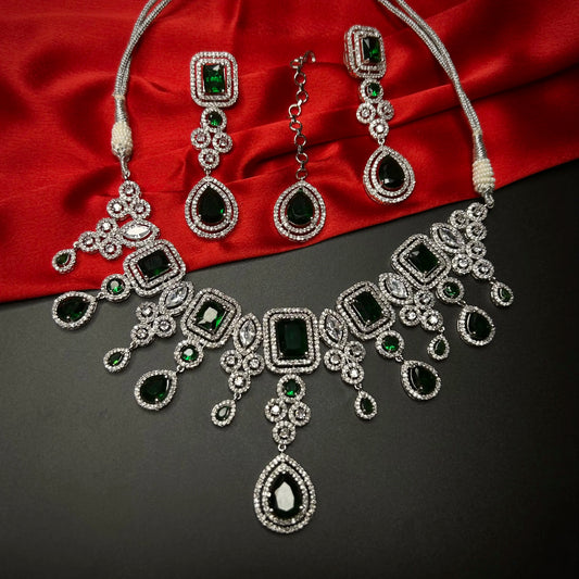 Tahira Emerald Green American Diamond Necklace Set with Maang Tikka