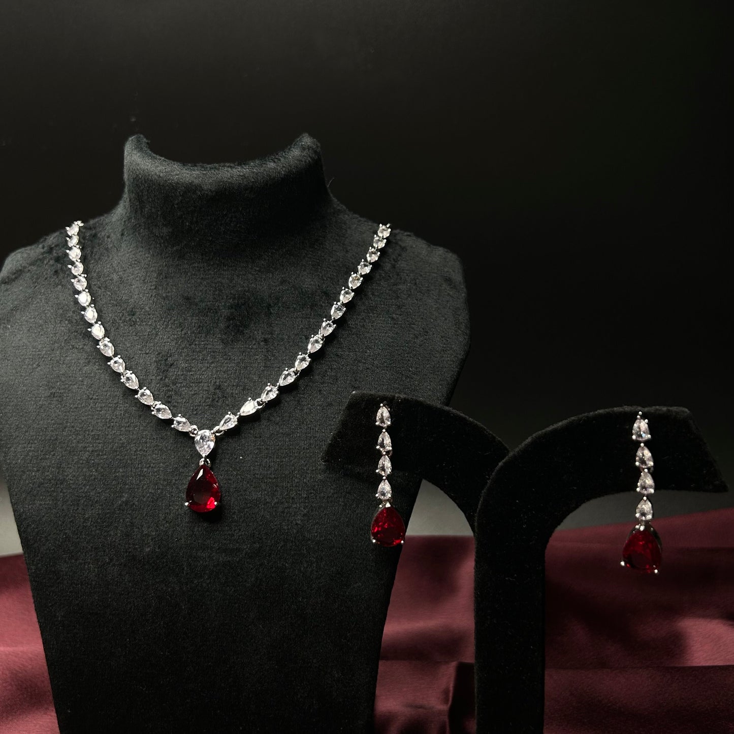 Aheli Ruby Red American Diamond Necklace Set with Starling Stones