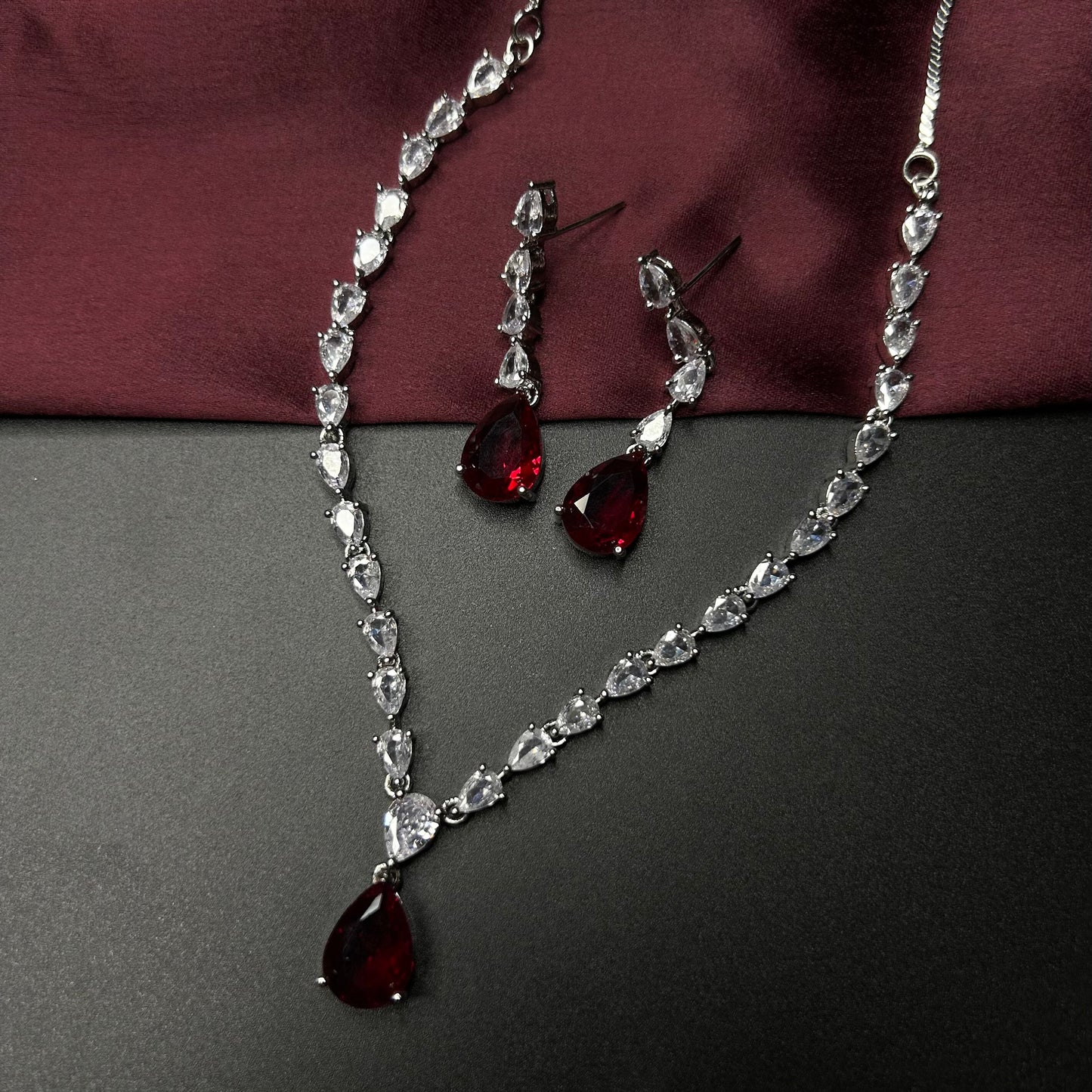 Aheli Ruby Red American Diamond Necklace Set with Starling Stones