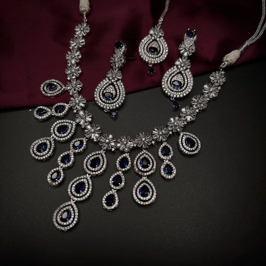 Ruhani Sapphire Blue American Diamond Necklace Set with Maang Tikka