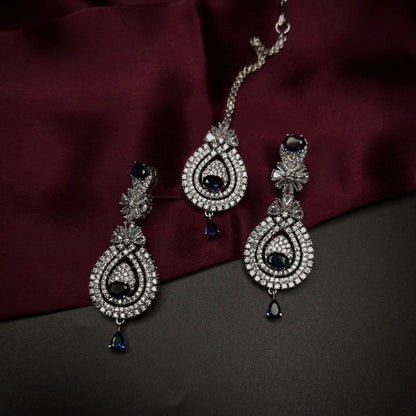 Ruhani Sapphire Blue American Diamond Necklace Set with Maang Tikka