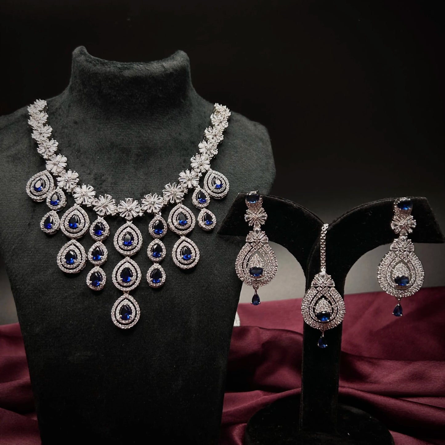 Ruhani Sapphire Blue American Diamond Necklace Set with Maang Tikka