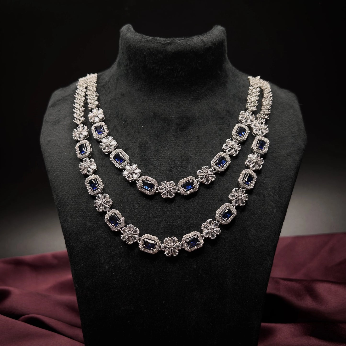 Sahira Sapphire Blue Double Layer American Diamond Necklace Set