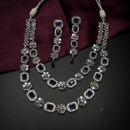 Sahira Sapphire Blue Double Layer American Diamond Necklace Set