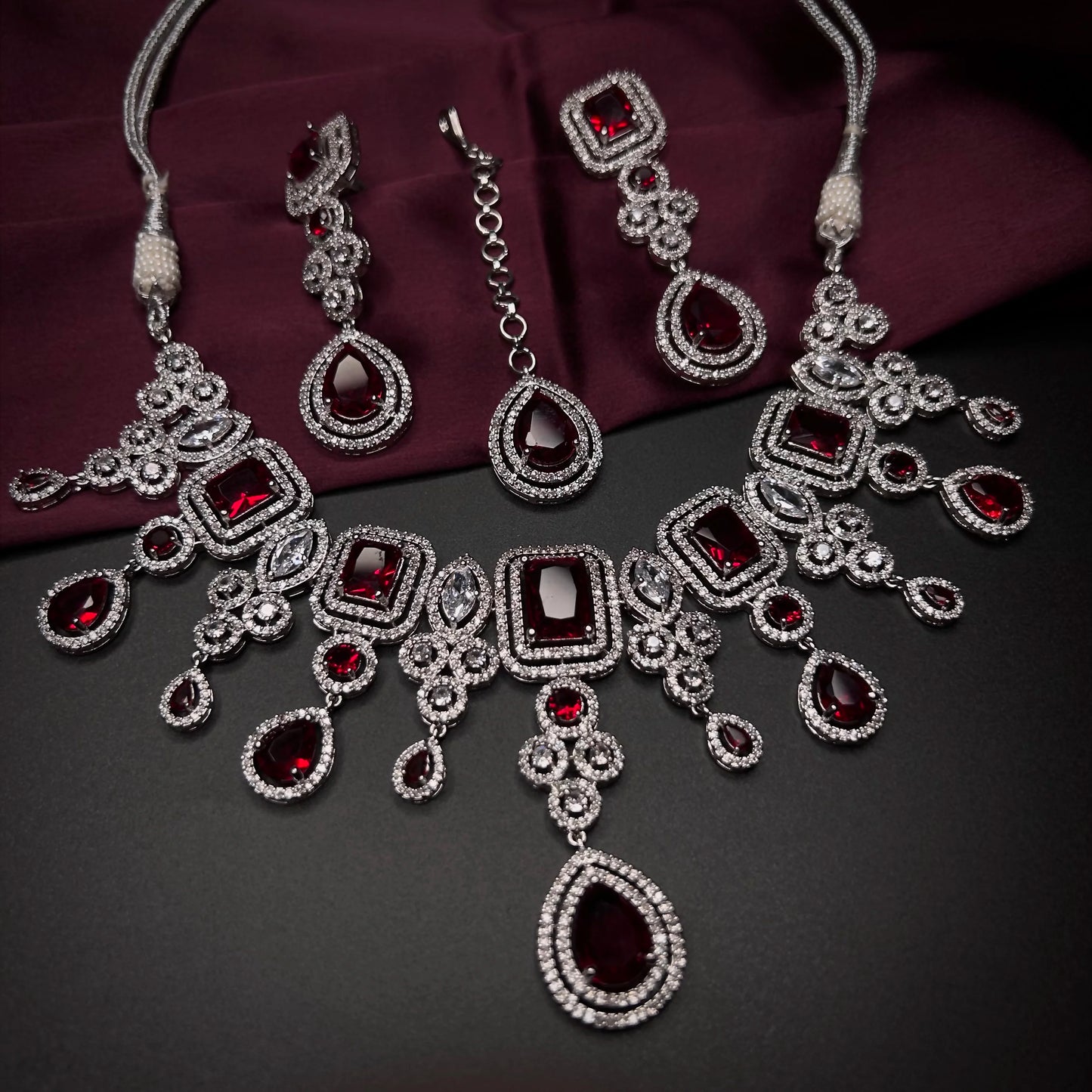 Tahira Ruby Red American Diamond Necklace Set with Maang Tikka