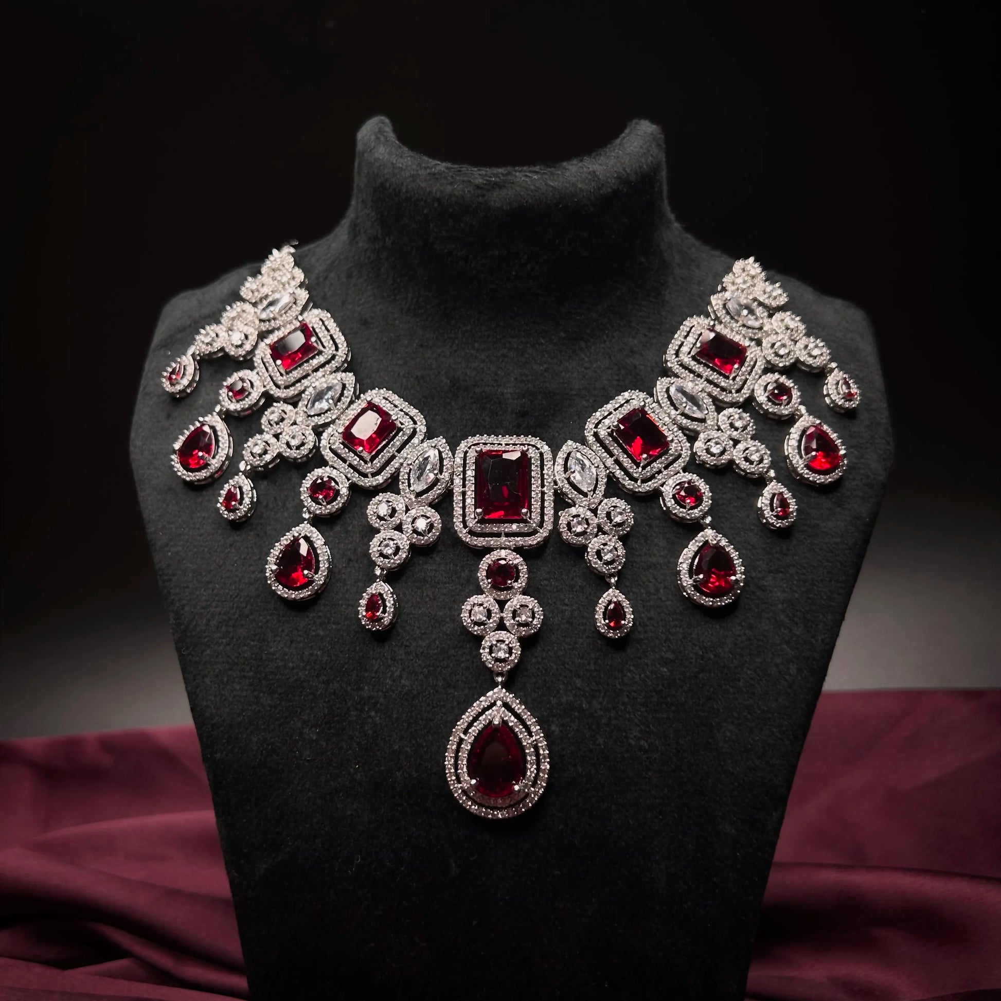 Tahira Ruby Red American Diamond Necklace Set with Maang Tikka