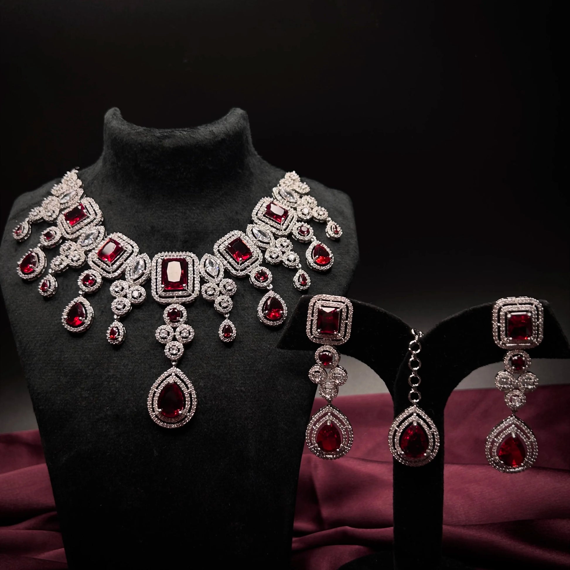 Tahira Ruby Red American Diamond Necklace Set with Maang Tikka