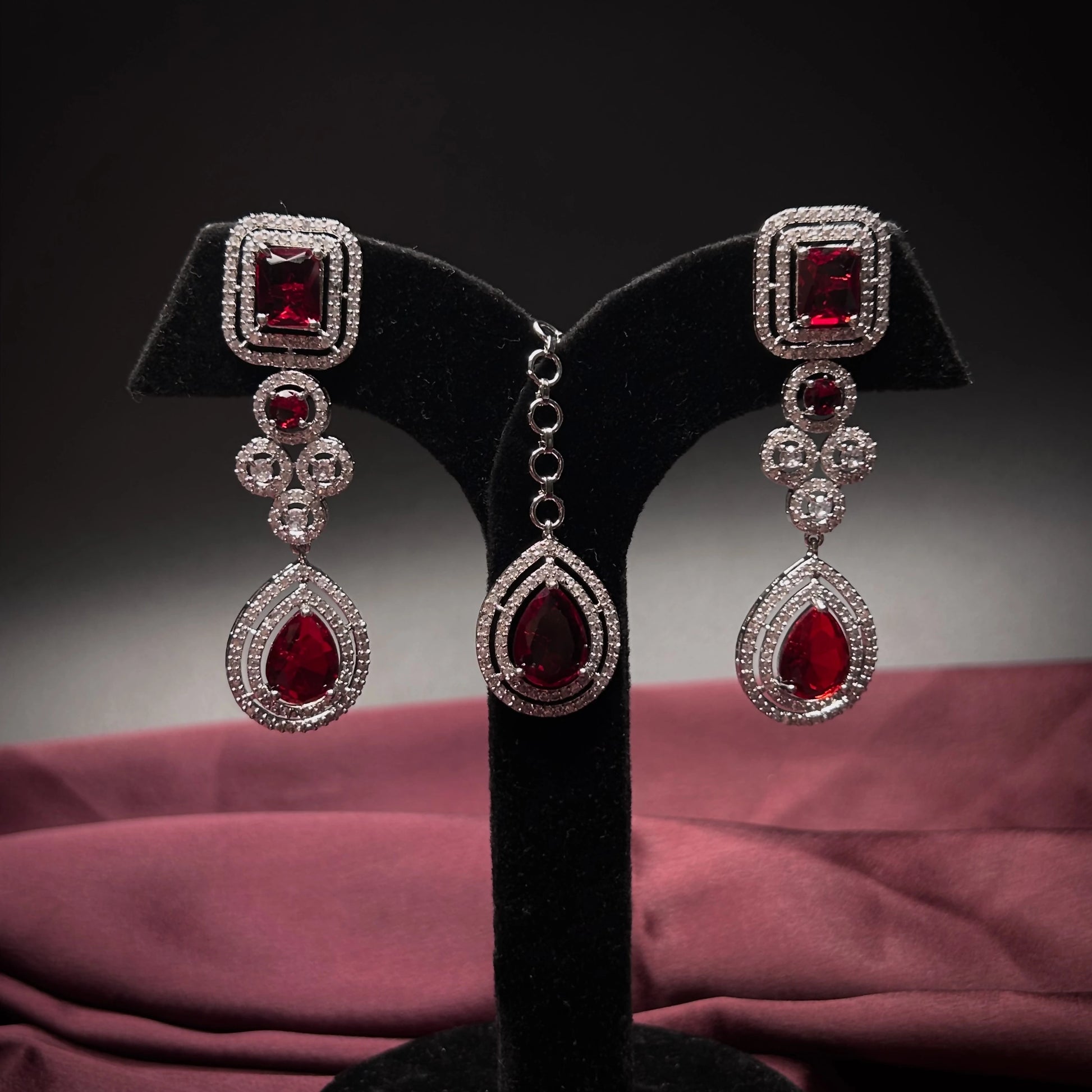 Tahira Ruby Red American Diamond Necklace Set with Maang Tikka