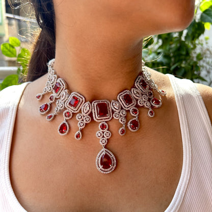 Tahira Ruby Red American Diamond Necklace Set with Maang Tikka