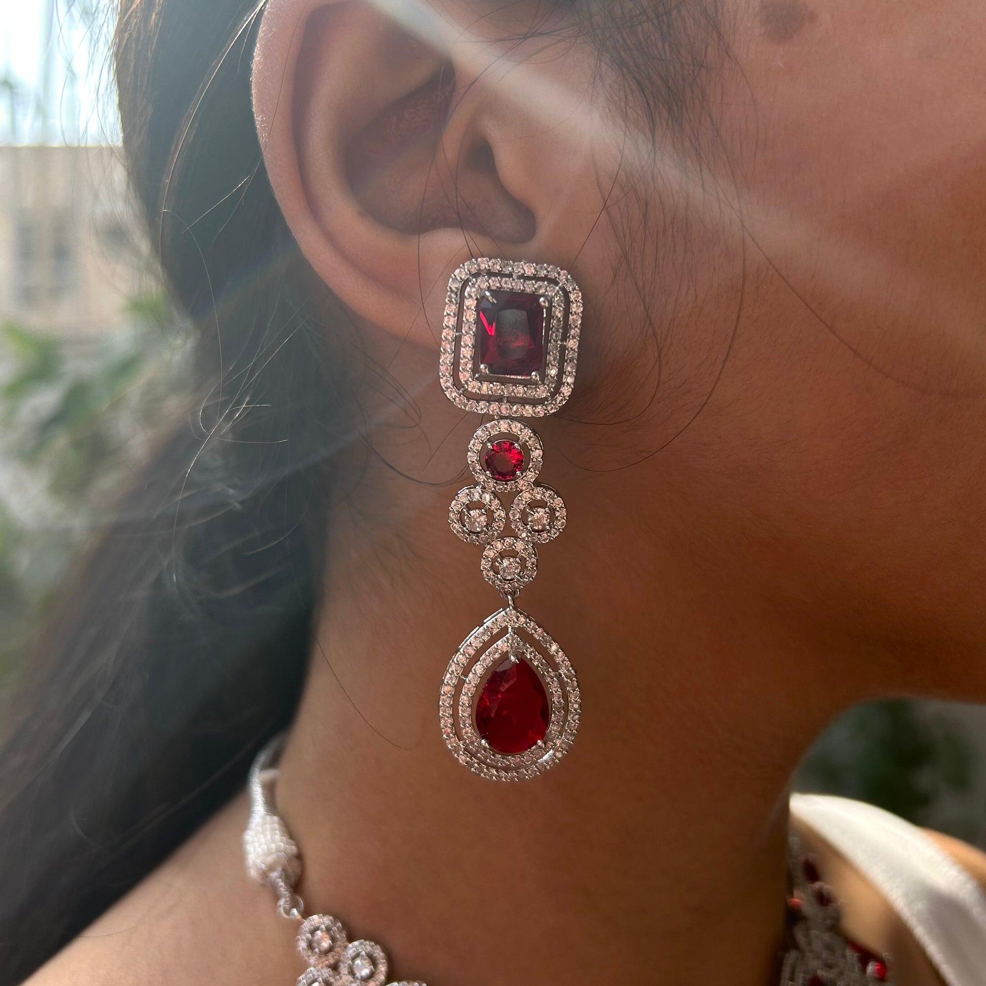 Tahira Ruby Red American Diamond Necklace Set with Maang Tikka