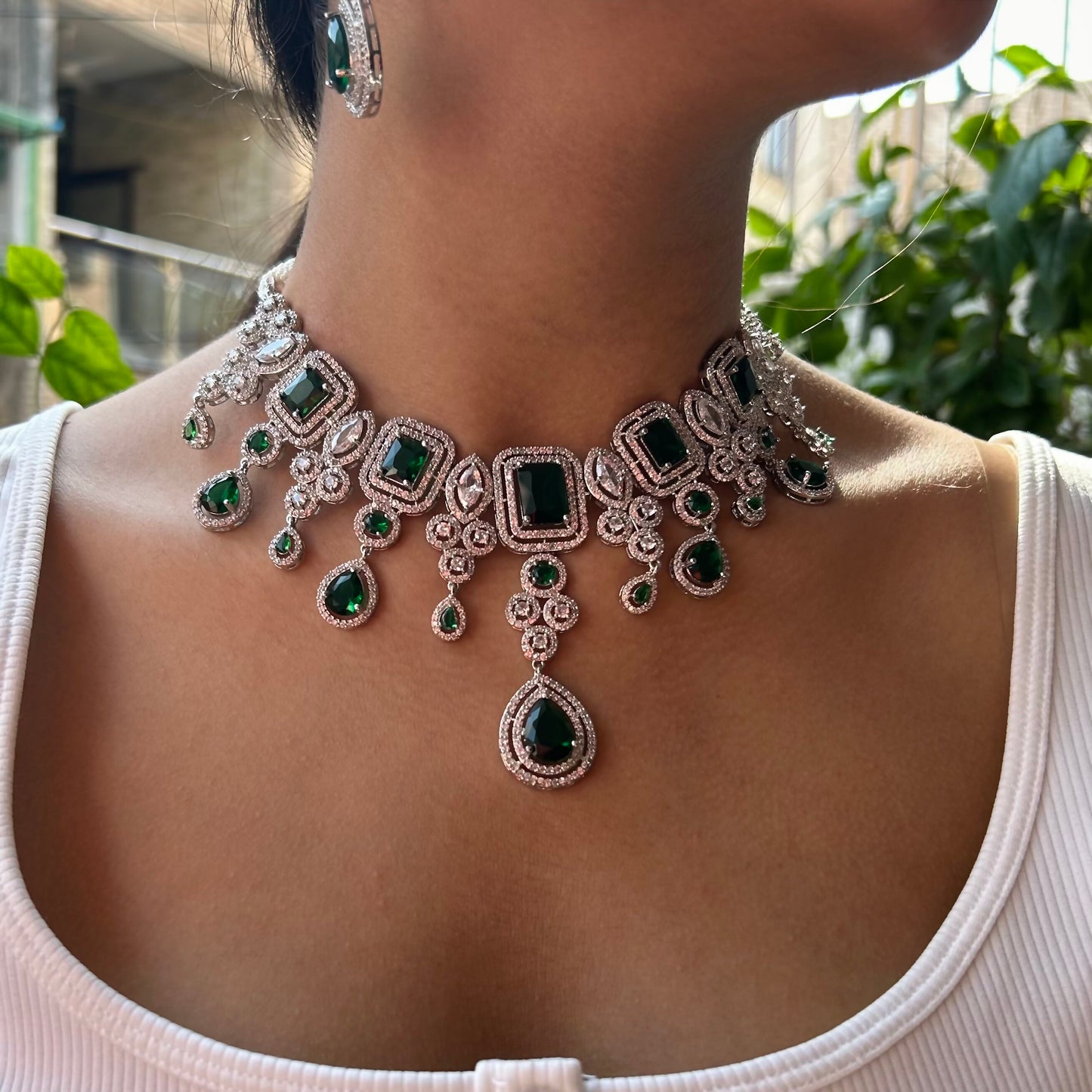 Tahira Emerald Green American Diamond Necklace Set with Maang Tikka