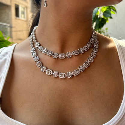 Sahira Silver Double Layer American Diamond Necklace Set