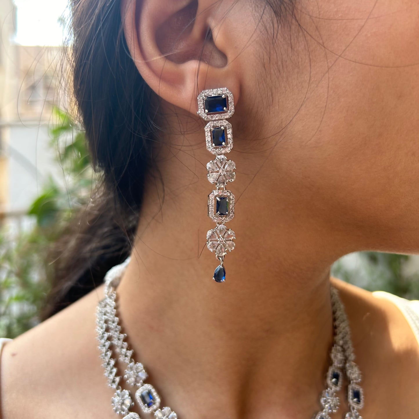 Sahira Sapphire Blue Double Layer American Diamond Necklace Set