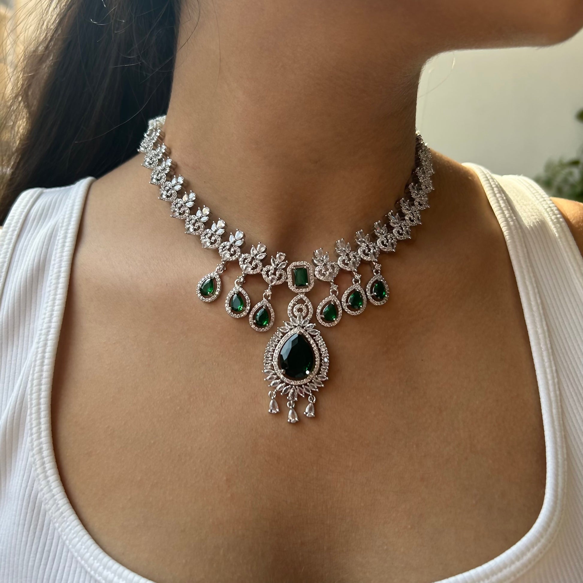 Paakhi Emerald Green American Diamond Necklace Set with Starling Stone