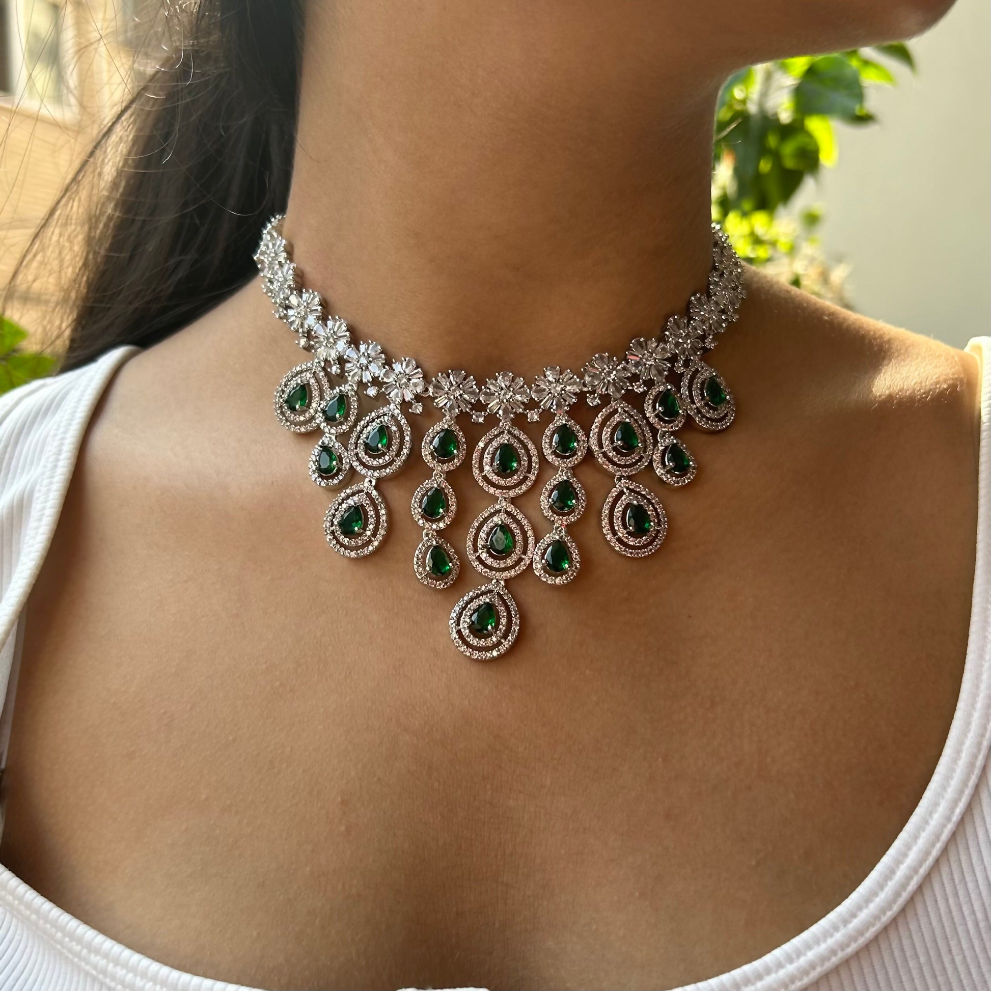 Ruhani Emerald Green American Diamond Necklace Set with Maang Tikka