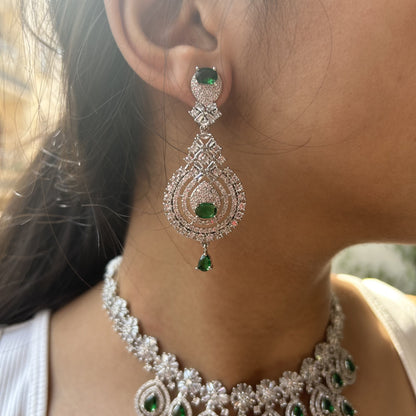 Ruhani Emerald Green American Diamond Necklace Set with Maang Tikka