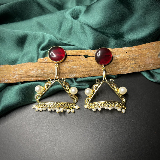 Amalia Gold Brass Earrings with Red Monalisa Stone