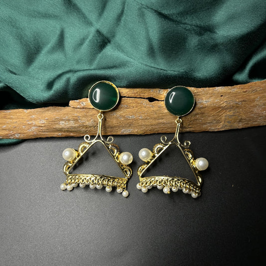 Amalia Gold Brass Earrings with Green Monalisa Stone