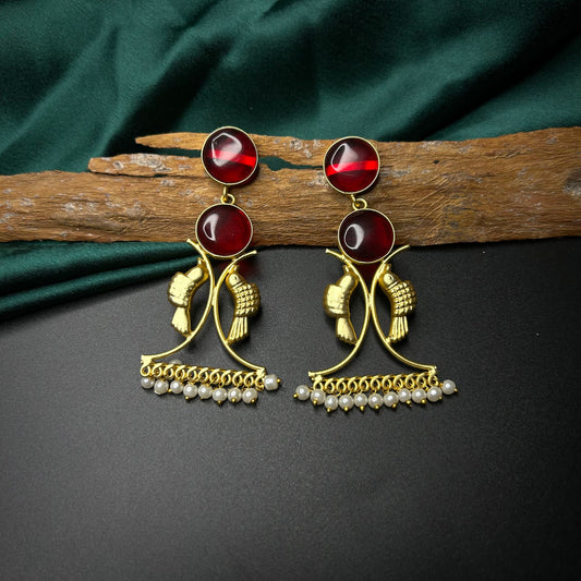 Thea Bird Brass Gold Earrings with Red Monalisa Stone