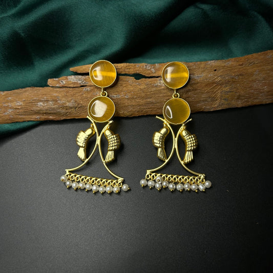 Thea Bird Brass Gold Earrings with Yellow Monalisa Stone