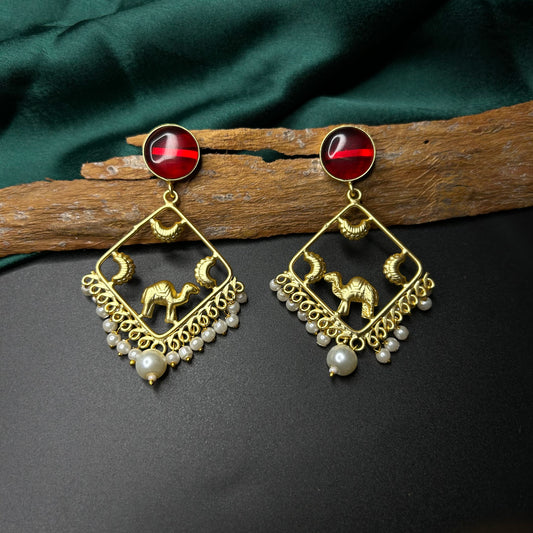 Aviva Hand Carved Earrings with Red Monalisa Stone