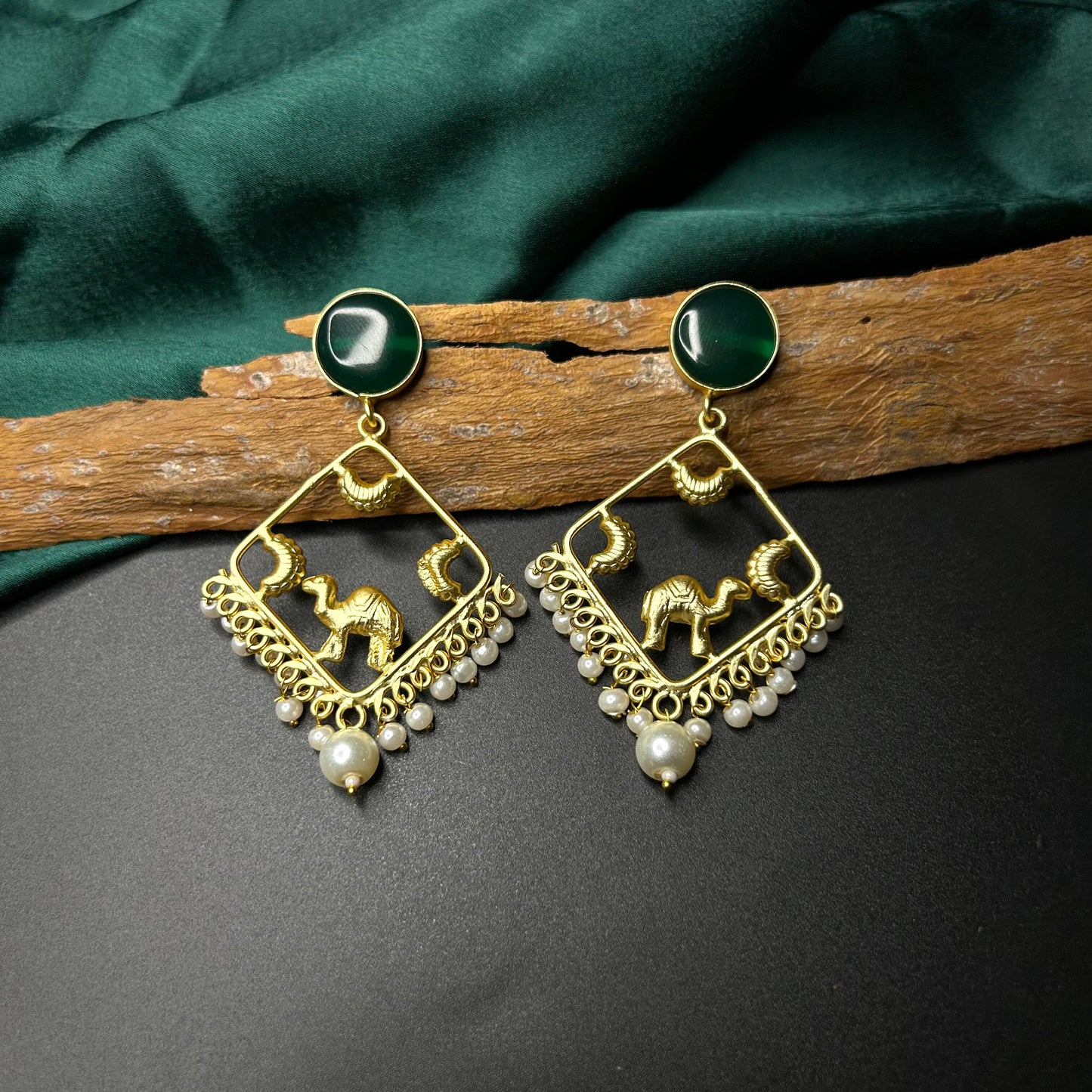 Aviva Hand Carved Earrings with Green Monalisa Stone