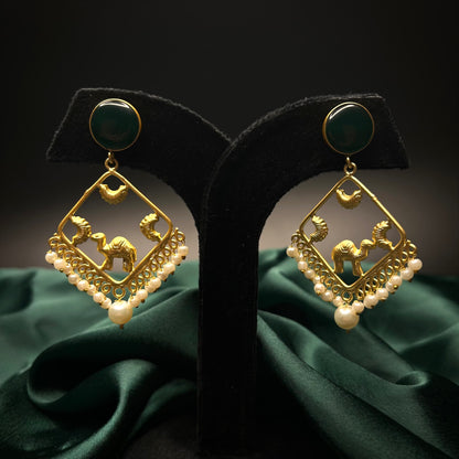 Aviva Hand Carved Earrings with Green Monalisa Stone