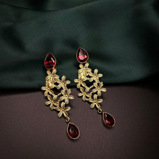 Mersa Gold Flower Earrings with Red Quartz Stone