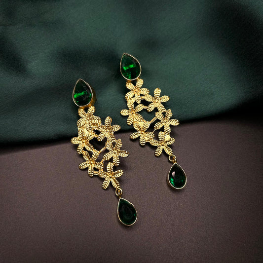 Mersa Gold Flower Earrings with Green Quartz Stone